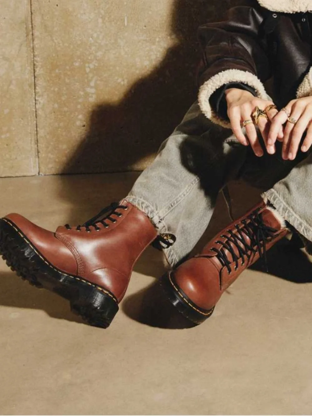 Dr. Martens  1460 Serena Faux Fur-Lined Leather Boots —SADDLE TAN, Size 5, NWT